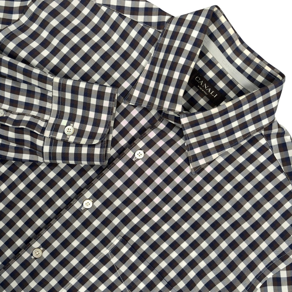 Canali Gingham Button Down Dress Shirt Mens L Navy Brown White Check Italy